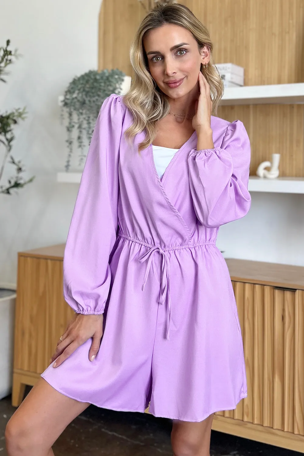 Double Take Full Size Drawstring Long Sleeve Romper