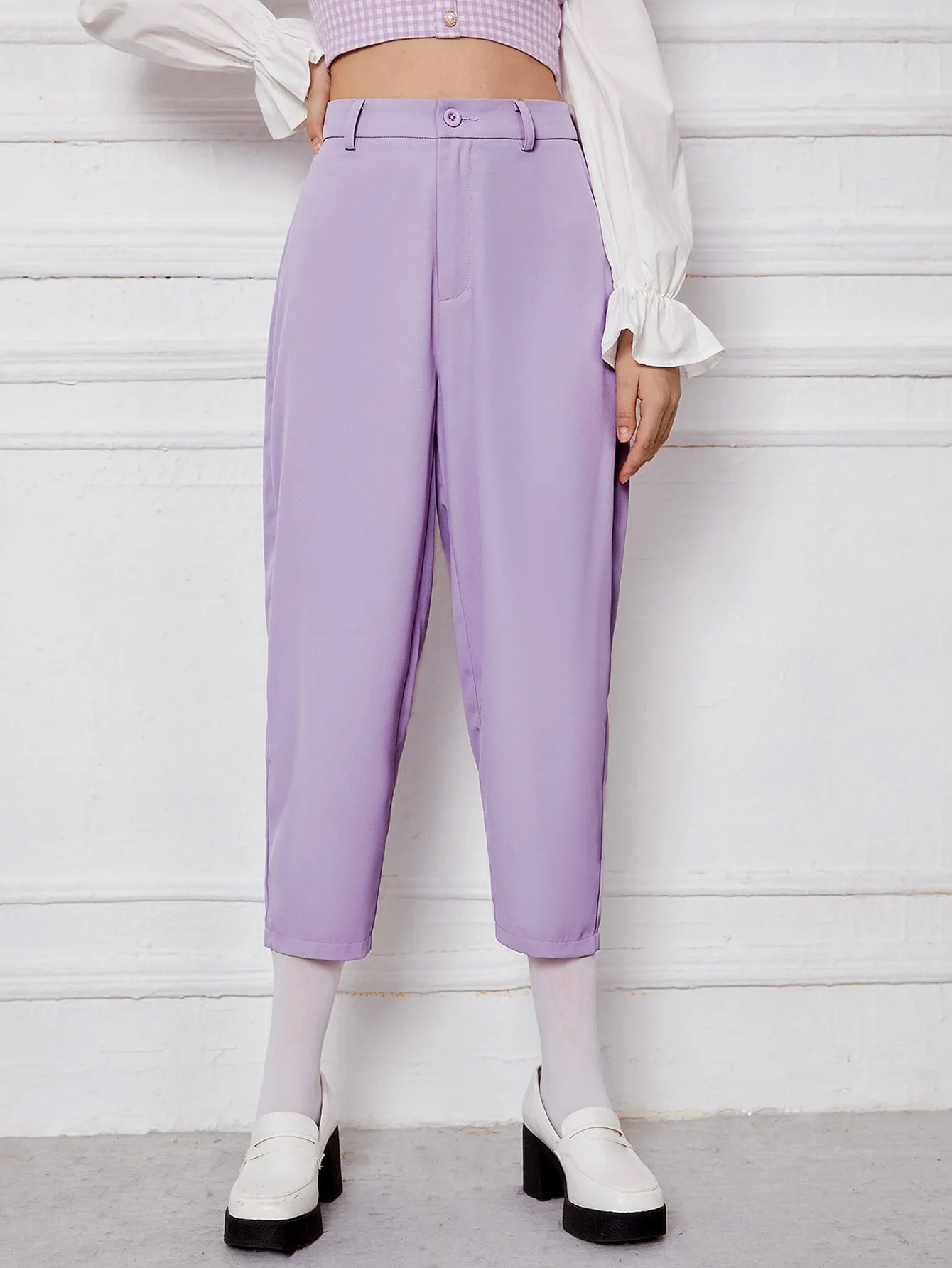 Elegant Plain Zipper High Waist Cropped Women Pants