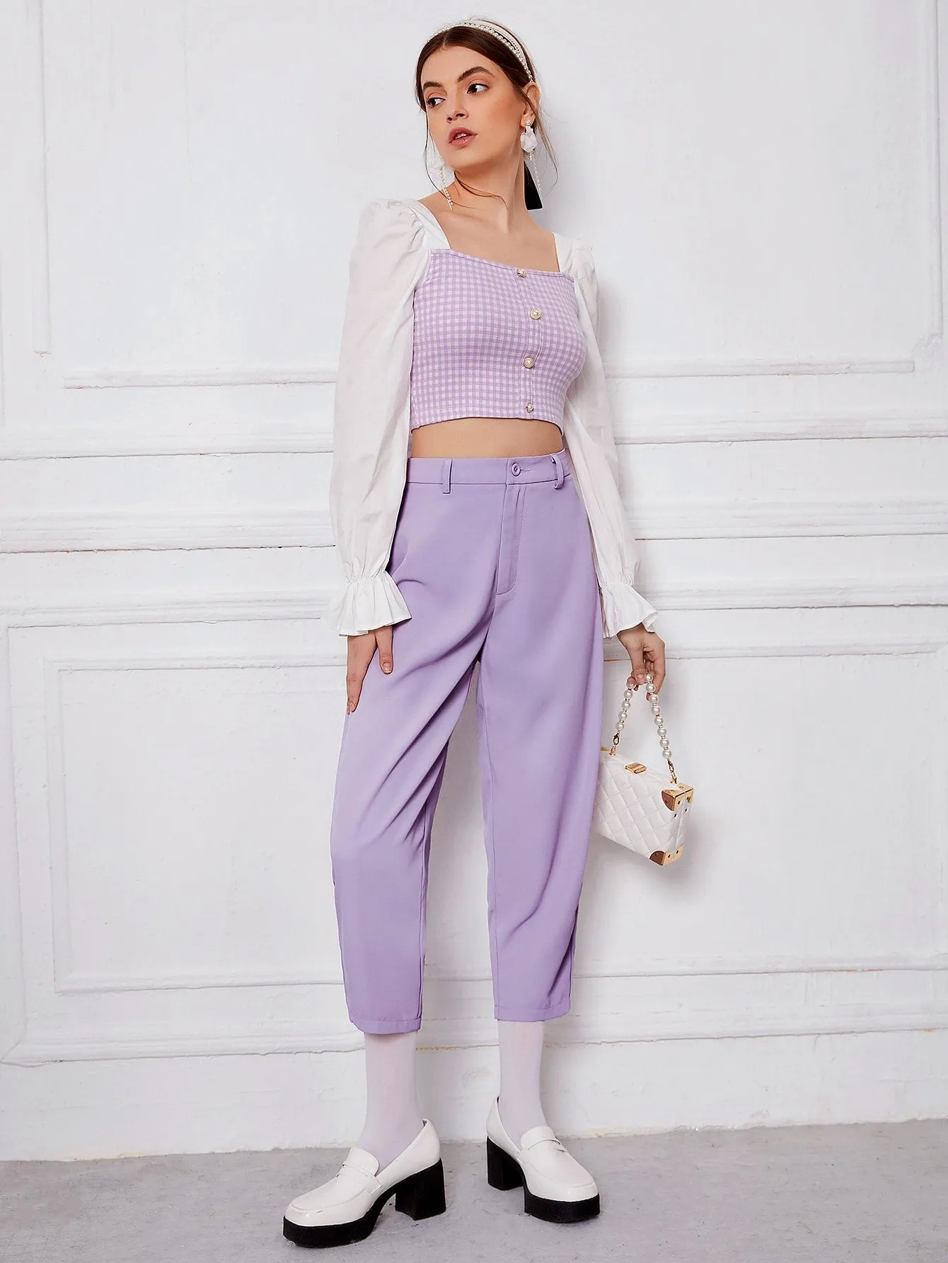 Elegant Plain Zipper High Waist Cropped Women Pants