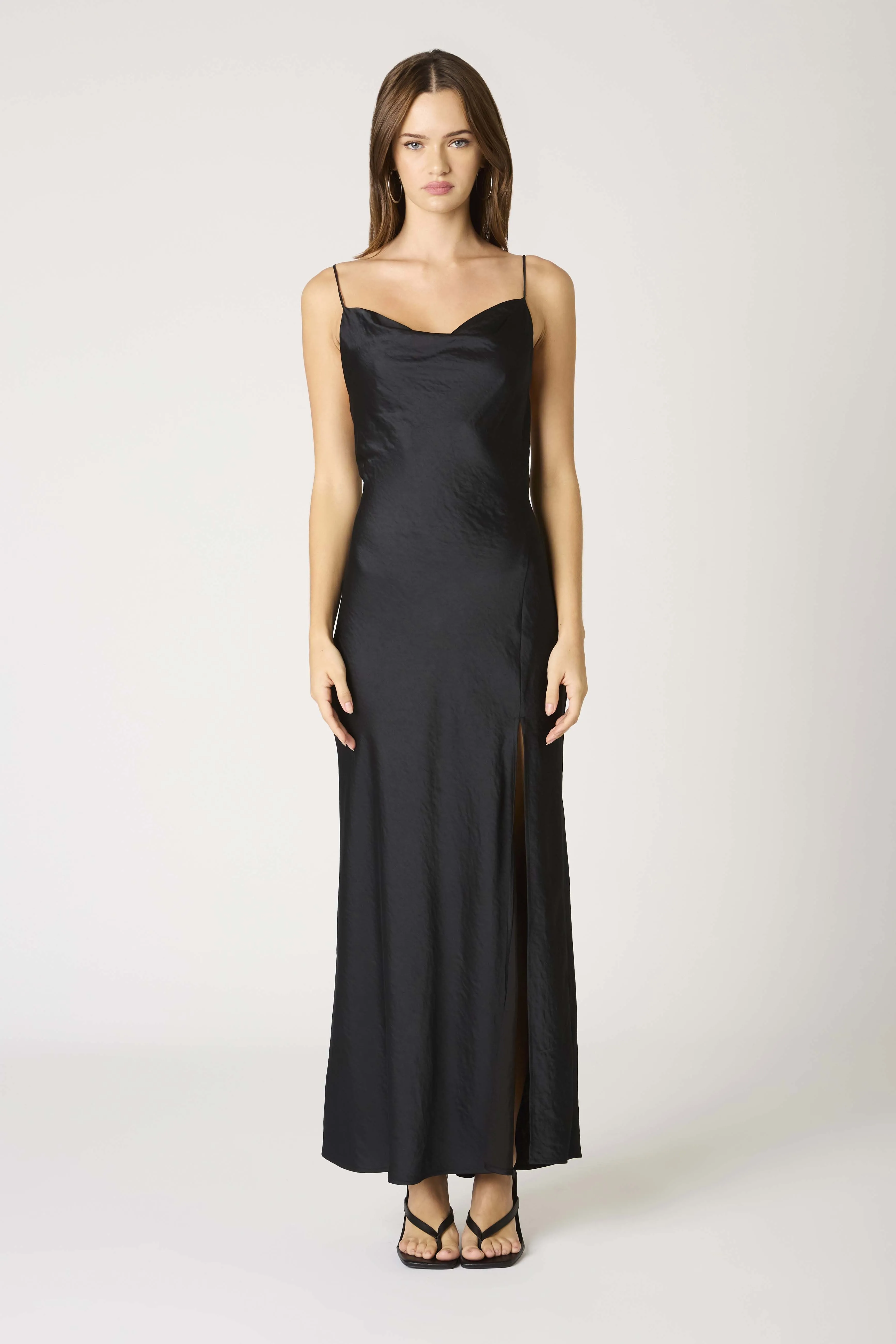 Elodie Cowl Satin Slip Maxi Dress Formal Gown - Black