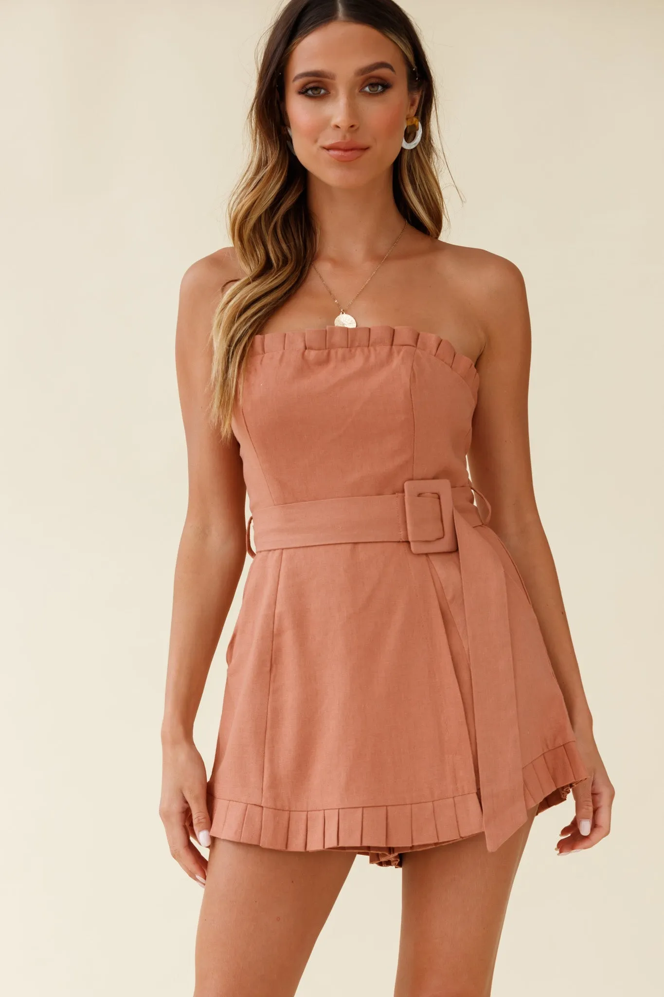 Elodie Pleat Trim Belted Skort Romper Tan