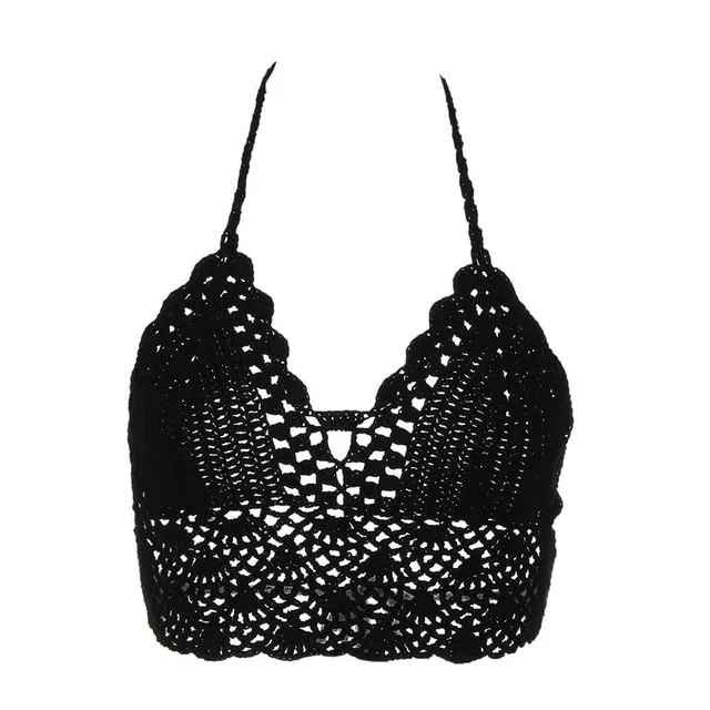 Estorenew New Sexy Bikini Crop Top Women Crochet Boho Beach Camisoles Bikini Bralette Halter Cami Knitted Bra Backless Beachwear Tank Top