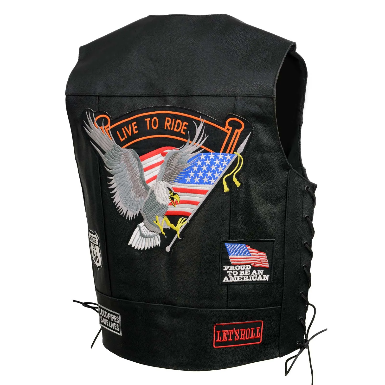 Event Leather Men’s Concealed Carry Motorcycle Vest Black with Patches