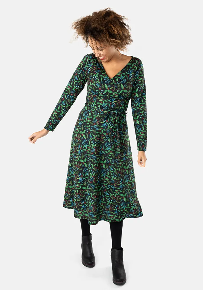 Evergreen Holly Print Midi Dress