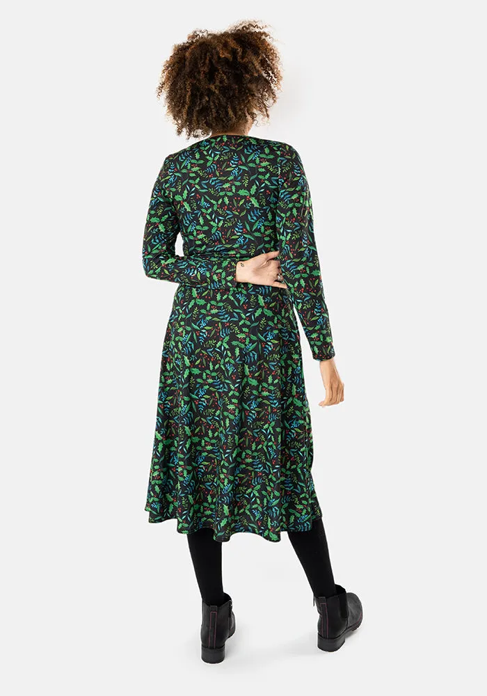 Evergreen Holly Print Midi Dress