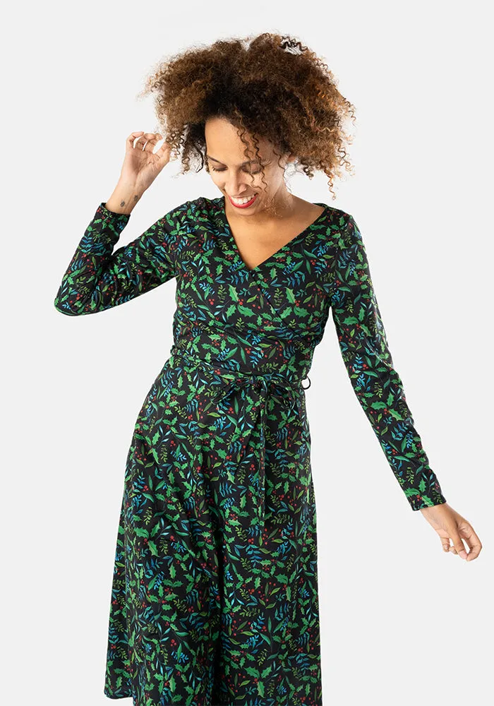 Evergreen Holly Print Midi Dress