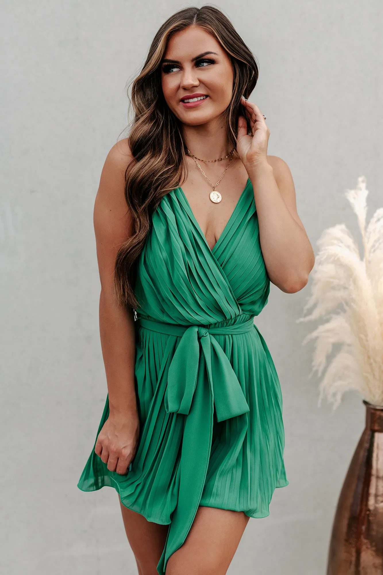 Express Your Love Pleated Romper/Dress (Emerald)