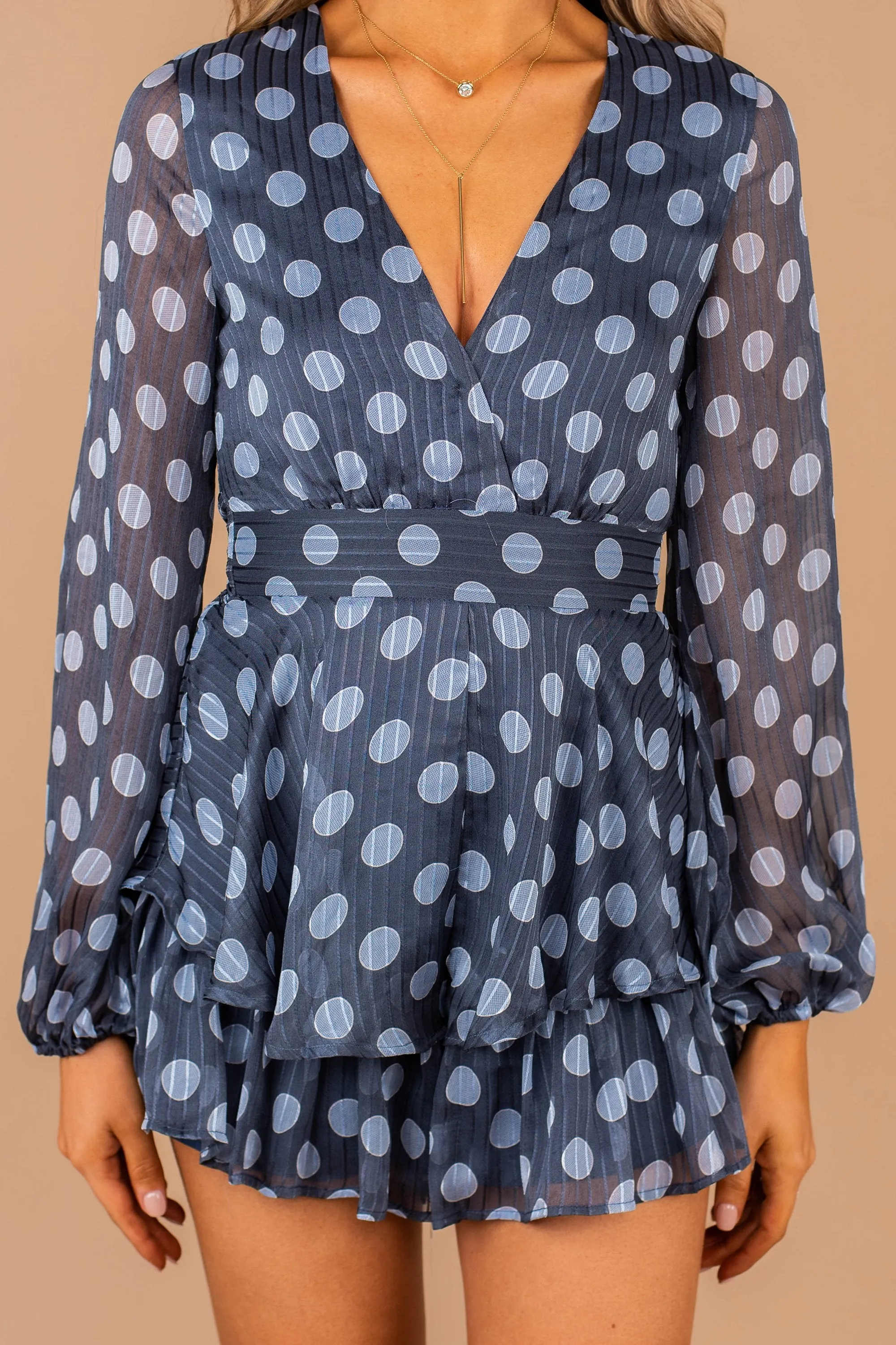 Feminine Wiles Steel Blue Polka Dot Romper