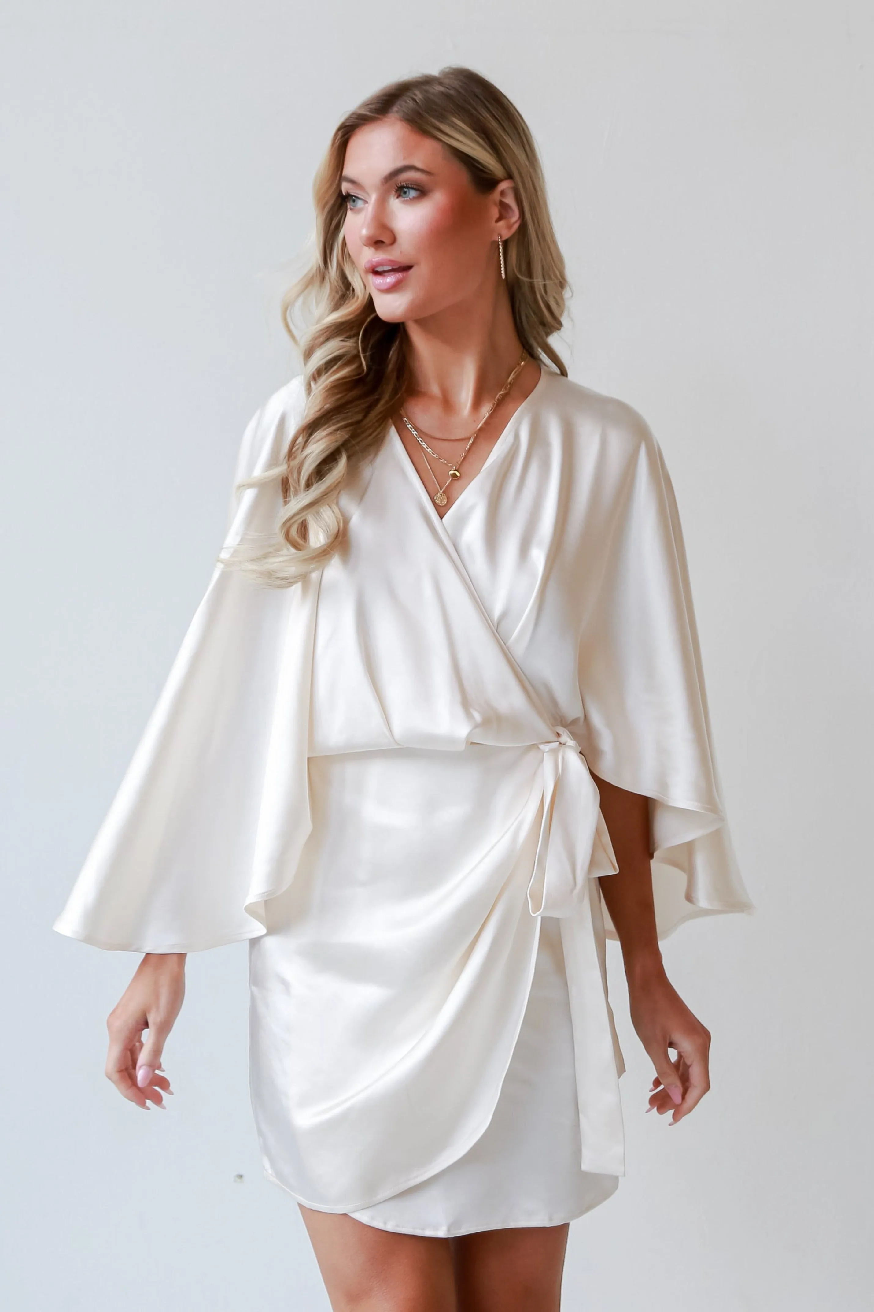 FINAL SALE - Immensely Iconic Ivory Satin Wrap Mini Dress