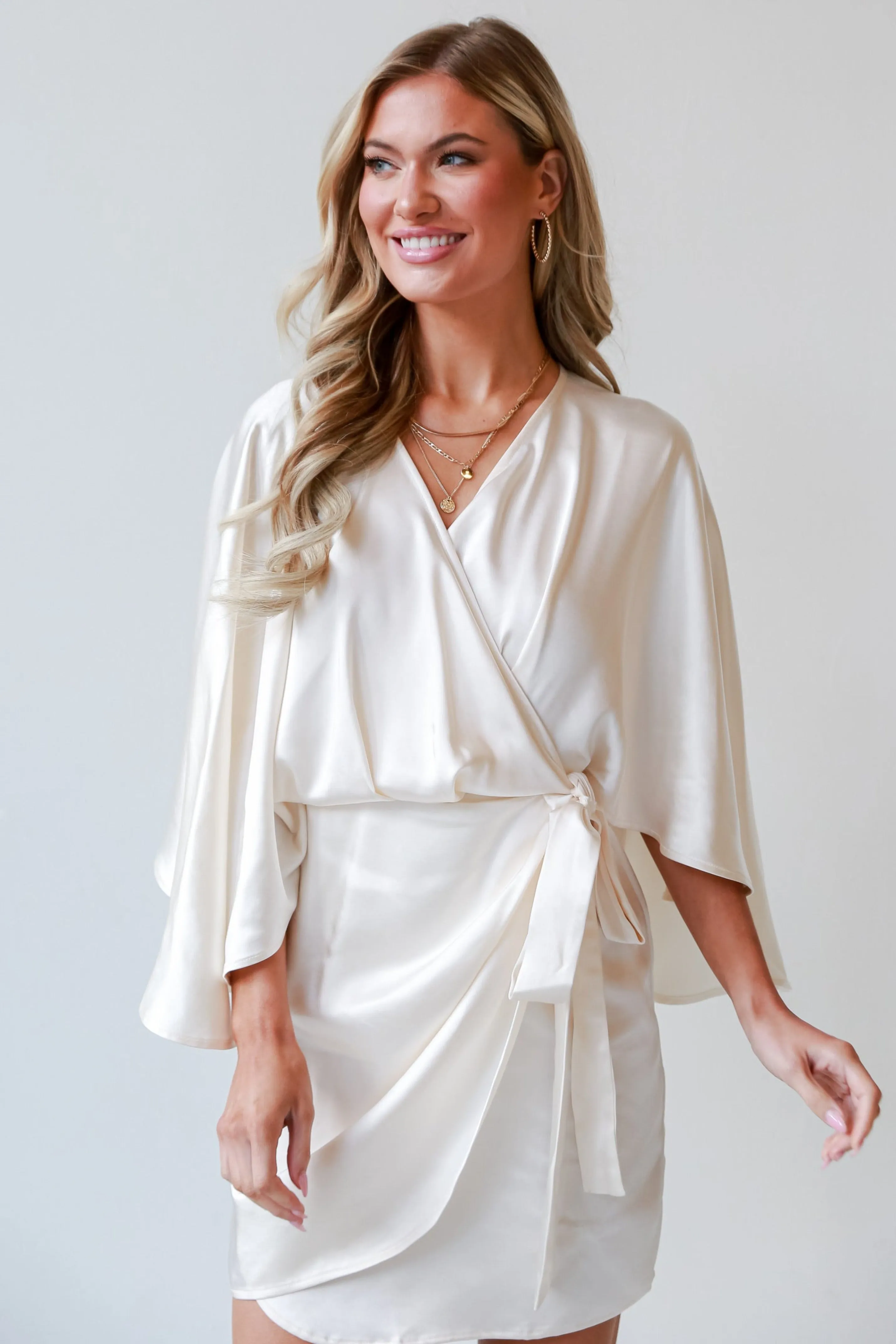 FINAL SALE - Immensely Iconic Ivory Satin Wrap Mini Dress