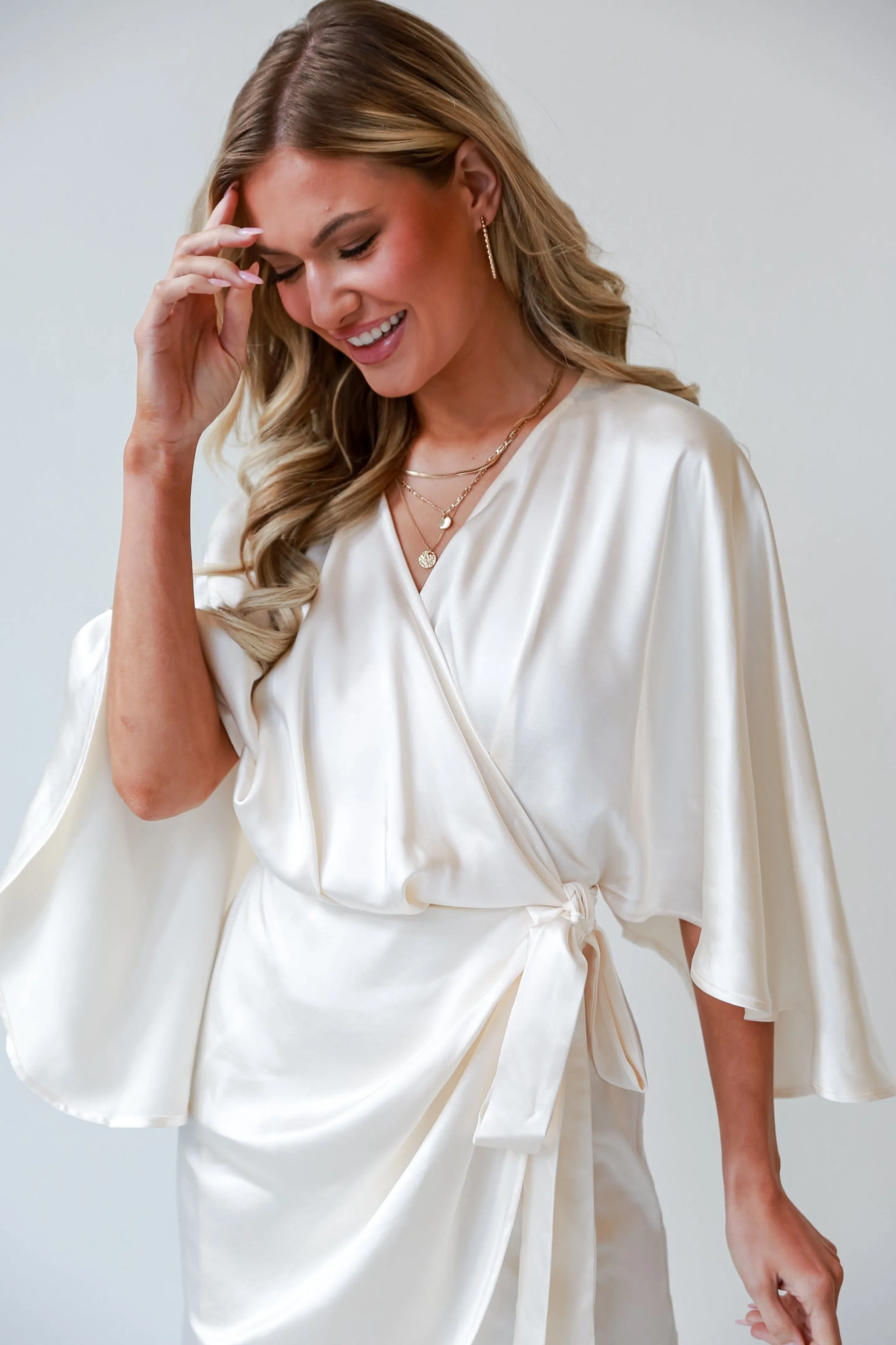 FINAL SALE - Immensely Iconic Ivory Satin Wrap Mini Dress