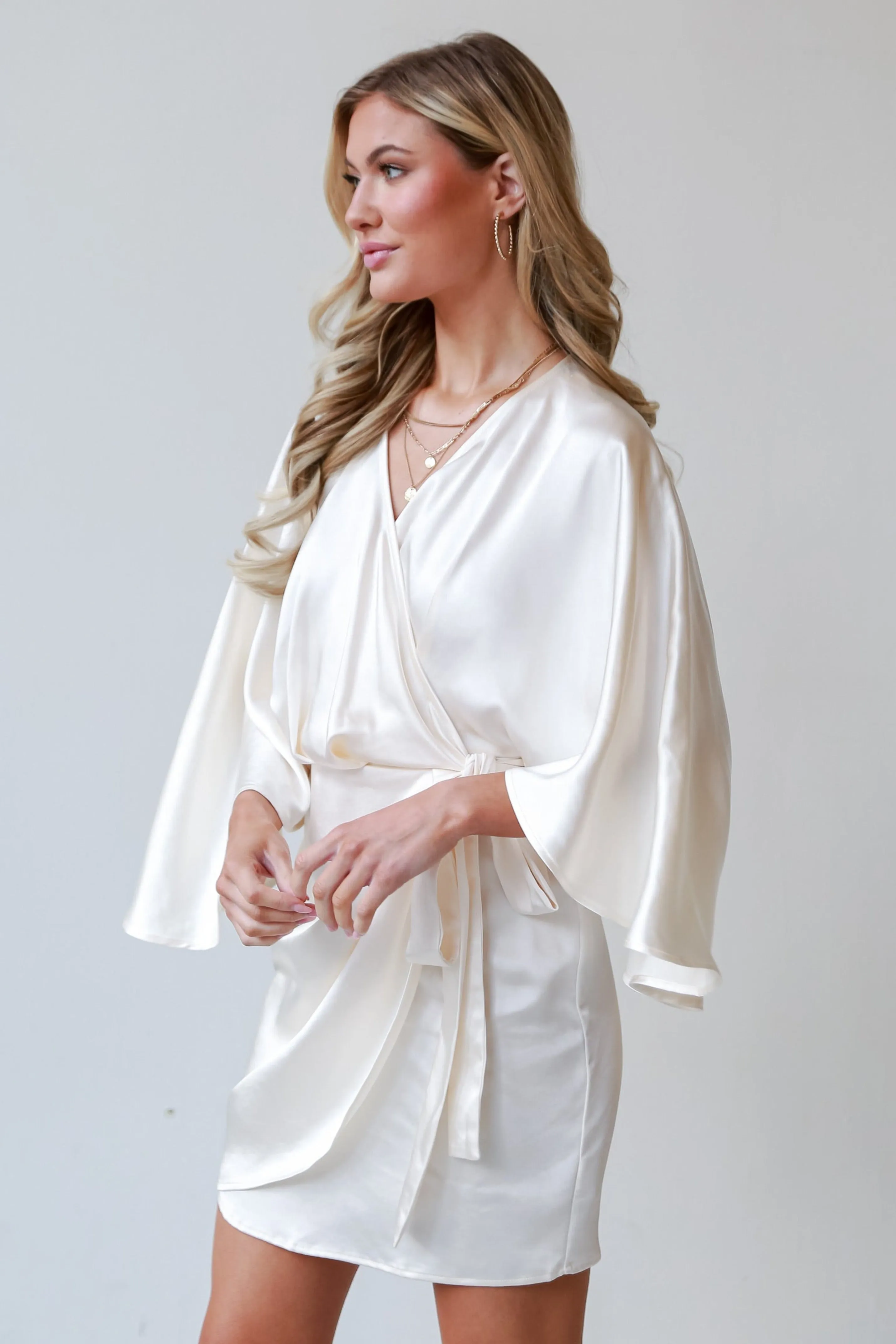 FINAL SALE - Immensely Iconic Ivory Satin Wrap Mini Dress