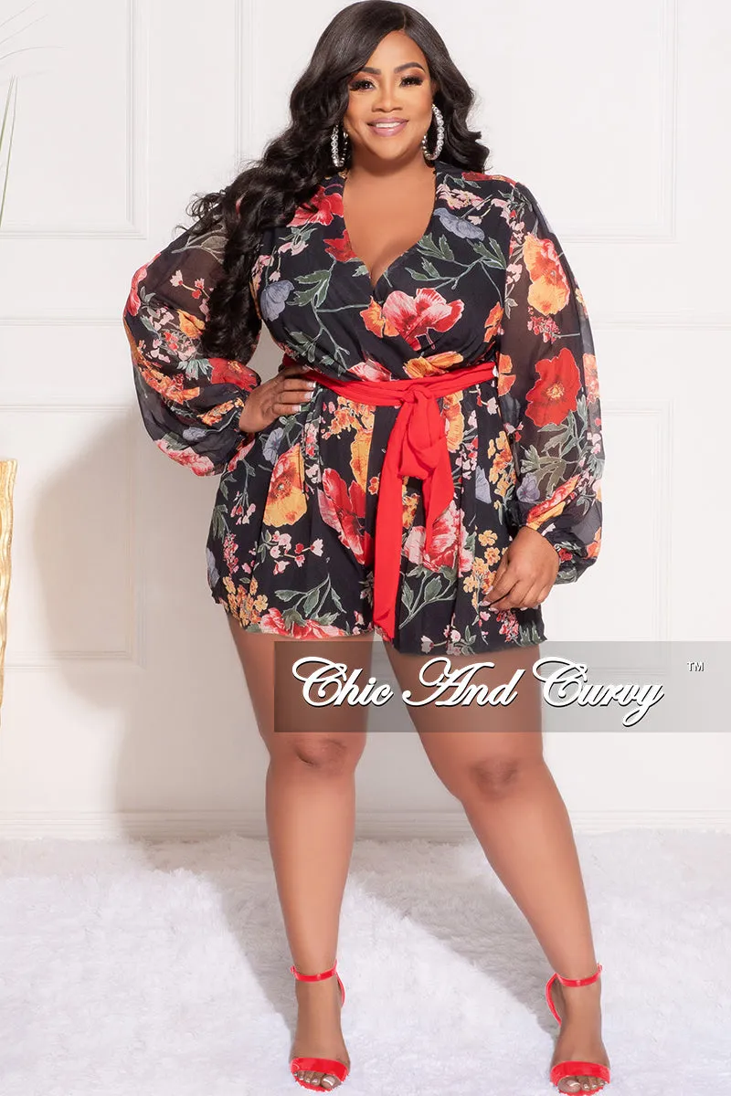 Final Sale Plus Size Faux Wrap Chiffon Romper in Black Multi Floral Print