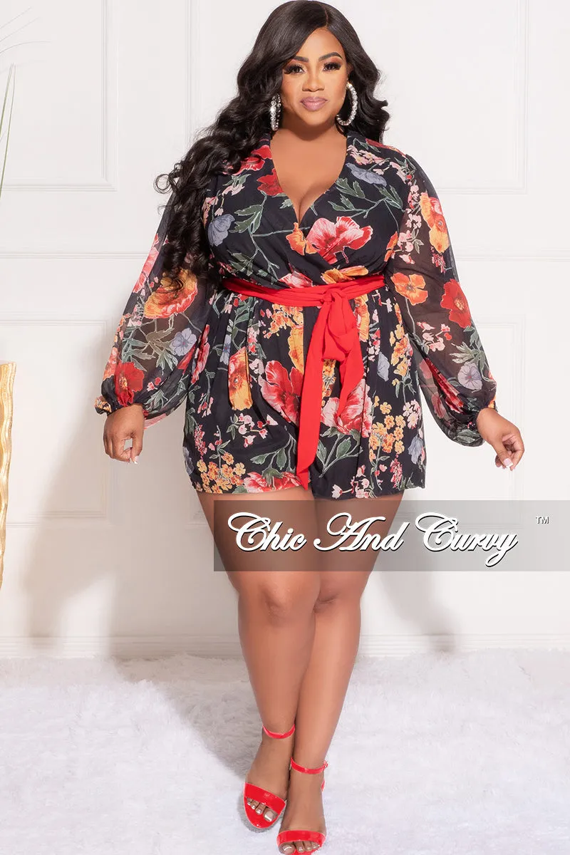 Final Sale Plus Size Faux Wrap Chiffon Romper in Black Multi Floral Print