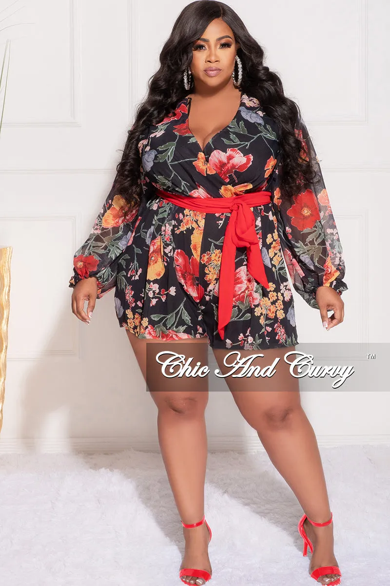 Final Sale Plus Size Faux Wrap Chiffon Romper in Black Multi Floral Print