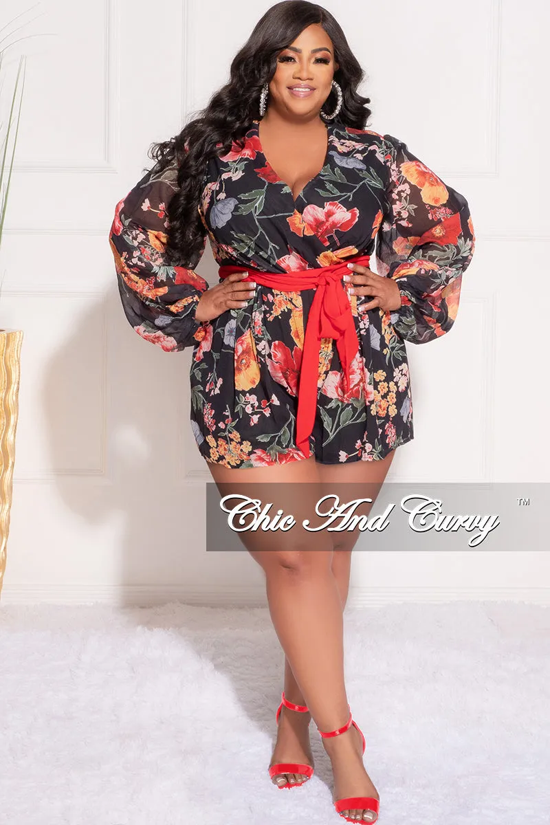 Final Sale Plus Size Faux Wrap Chiffon Romper in Black Multi Floral Print