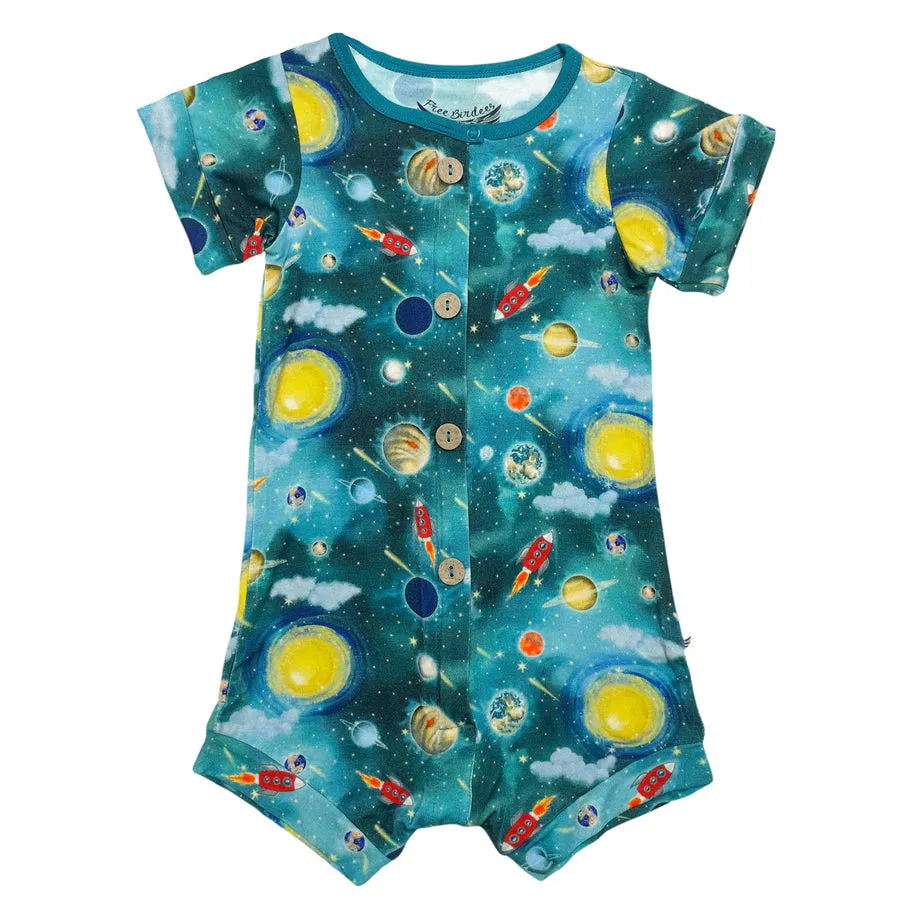 Free Birdees Short Two-Way Zippy Romper with Faux Buttons - Vroom to the Planets