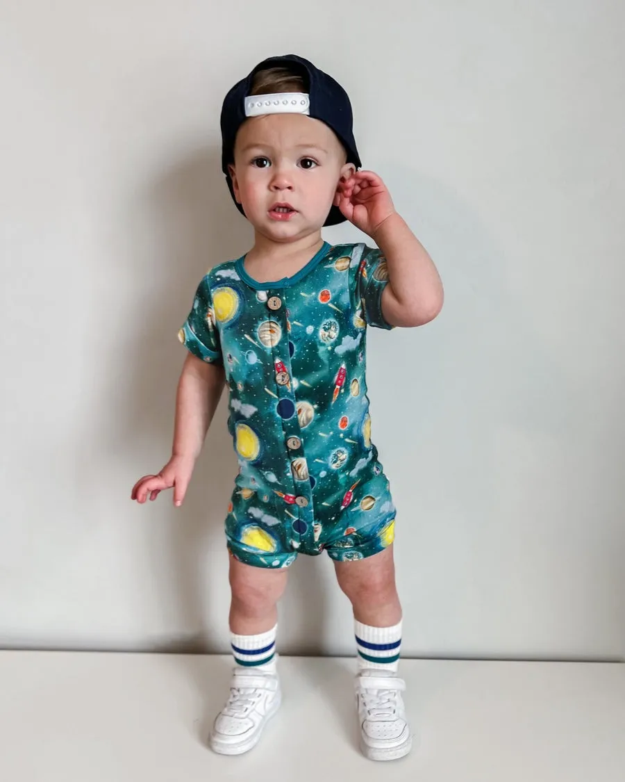 Free Birdees Short Two-Way Zippy Romper with Faux Buttons - Vroom to the Planets