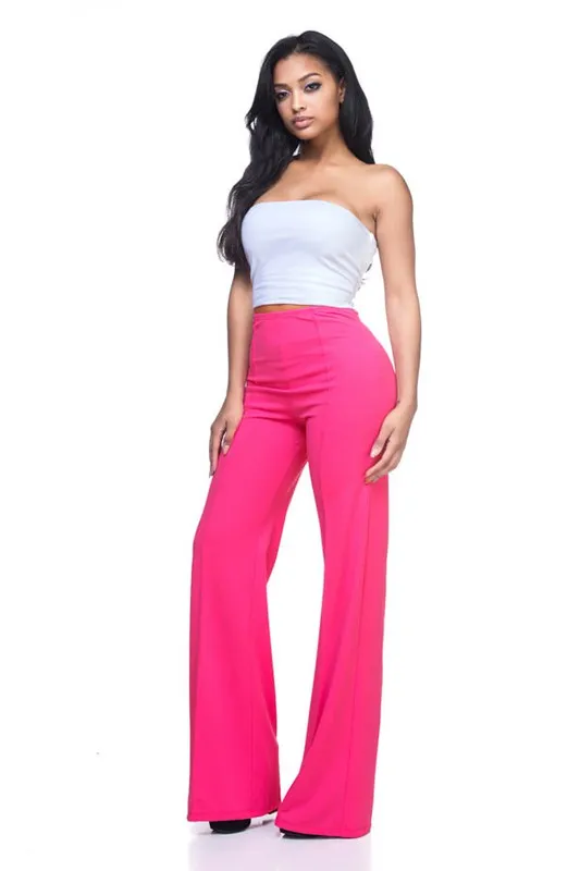 Fuchsia Solid, Full Length Pants In A Flare Style With A High Waist, And Wide Legs