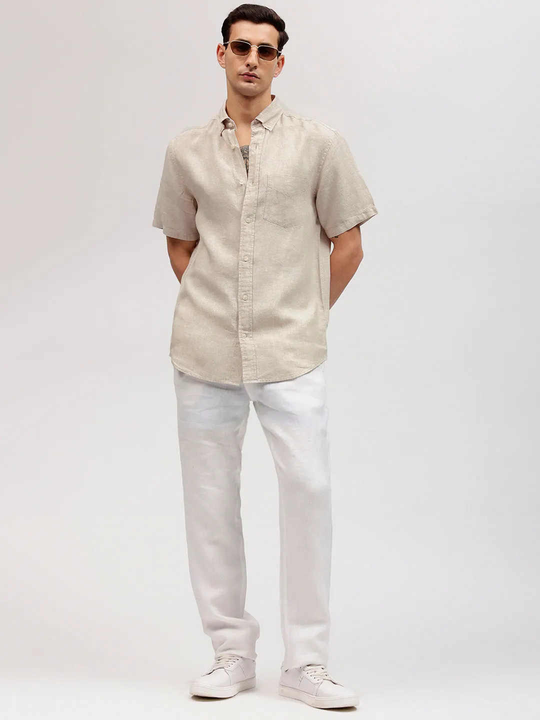 Gant Men Beige Solid Button-down Collar Short Sleeves Linen Shirt