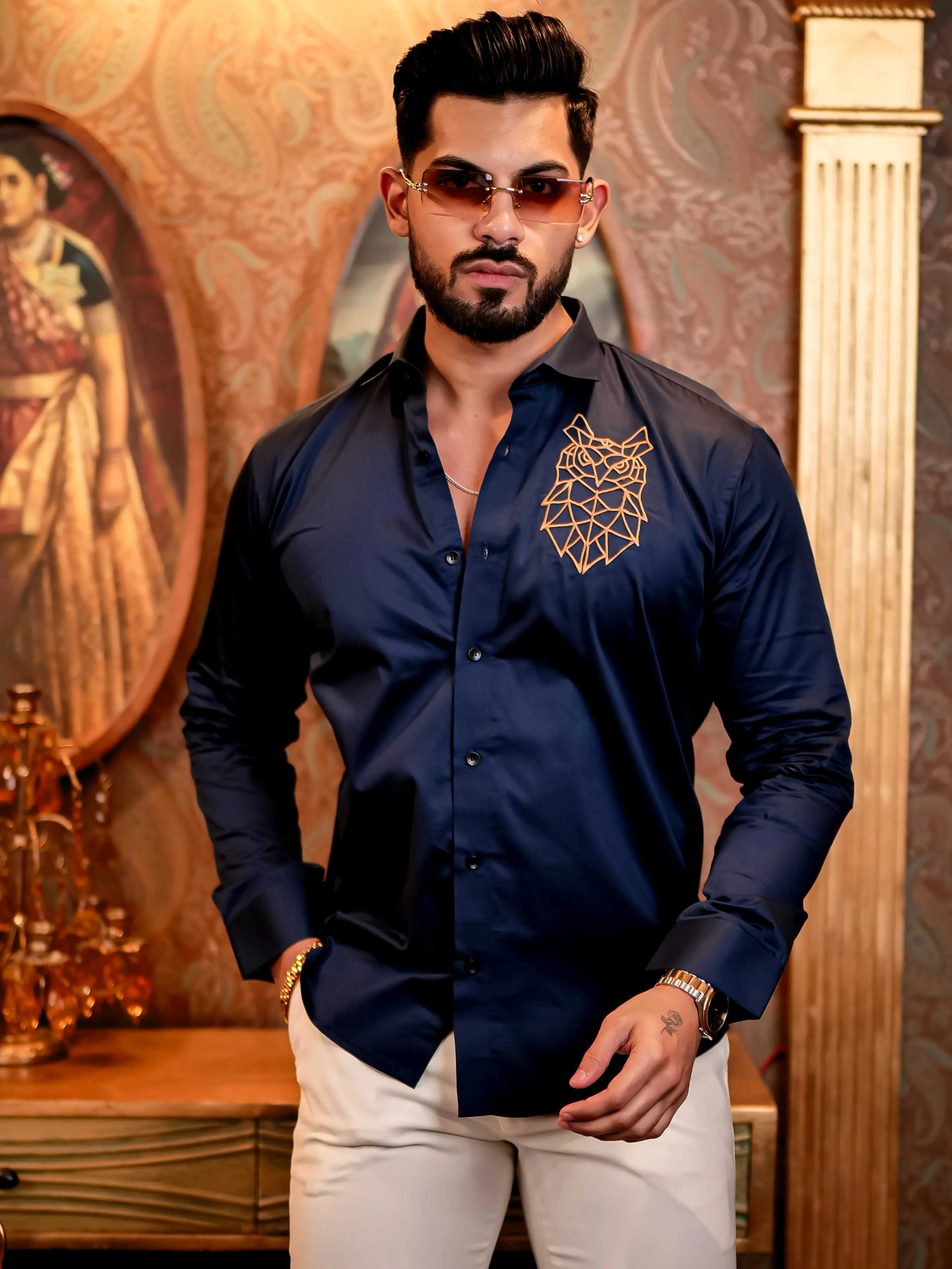 Geometric owl Navy Golden Embroidered Club Wear Satin Cotton Shirt