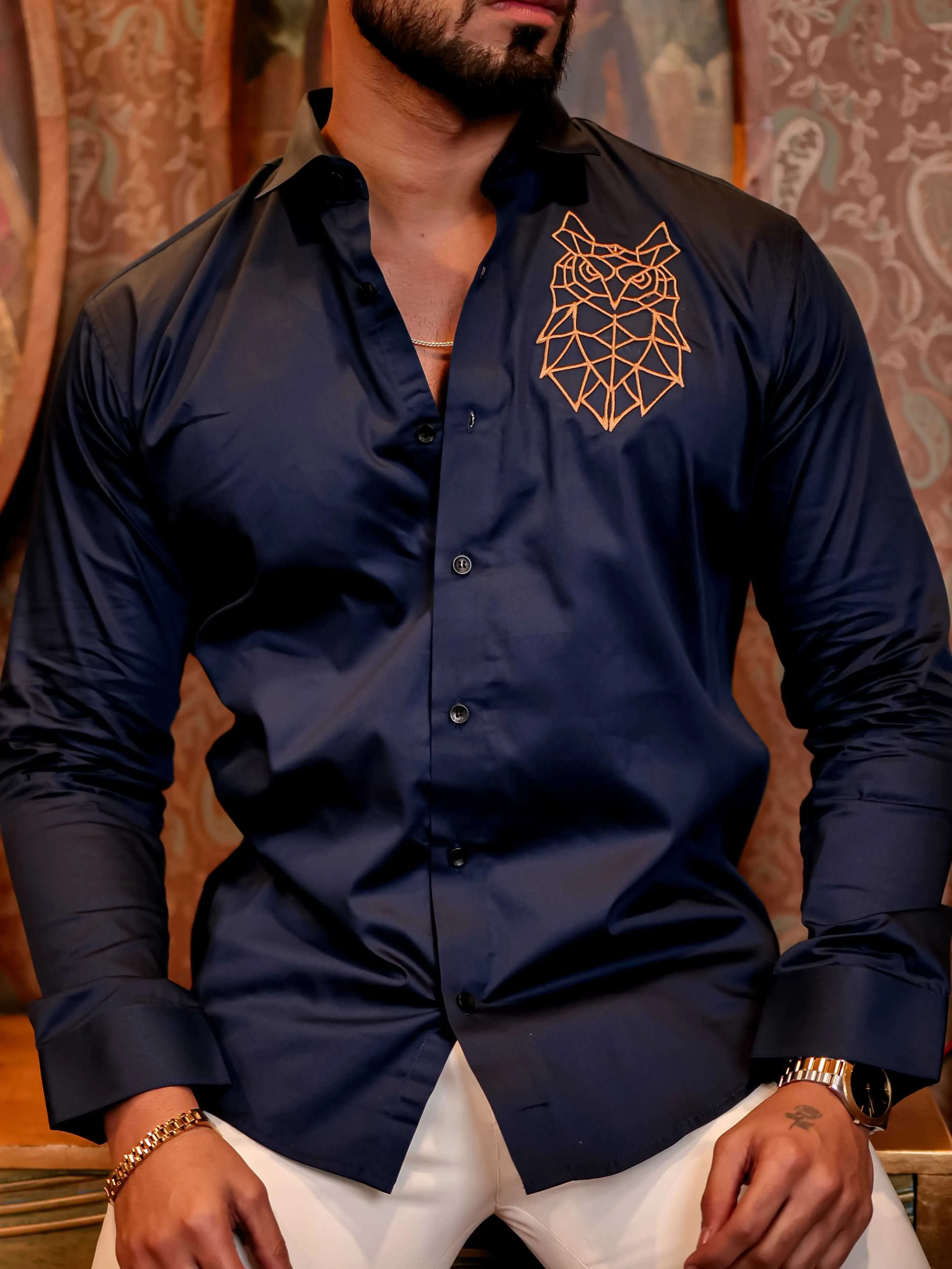 Geometric owl Navy Golden Embroidered Club Wear Satin Cotton Shirt