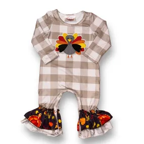 Girls Little Bear & Bean Size 6-12 Months Turkey Plaid Thanksgiving Romper