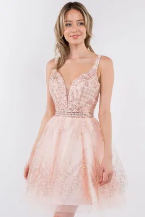 GL 1965 - Short A-Line Homecoming Dress with Beaded Lace Applique V-Neck Bodice & Glitter Print Tulle Skirt