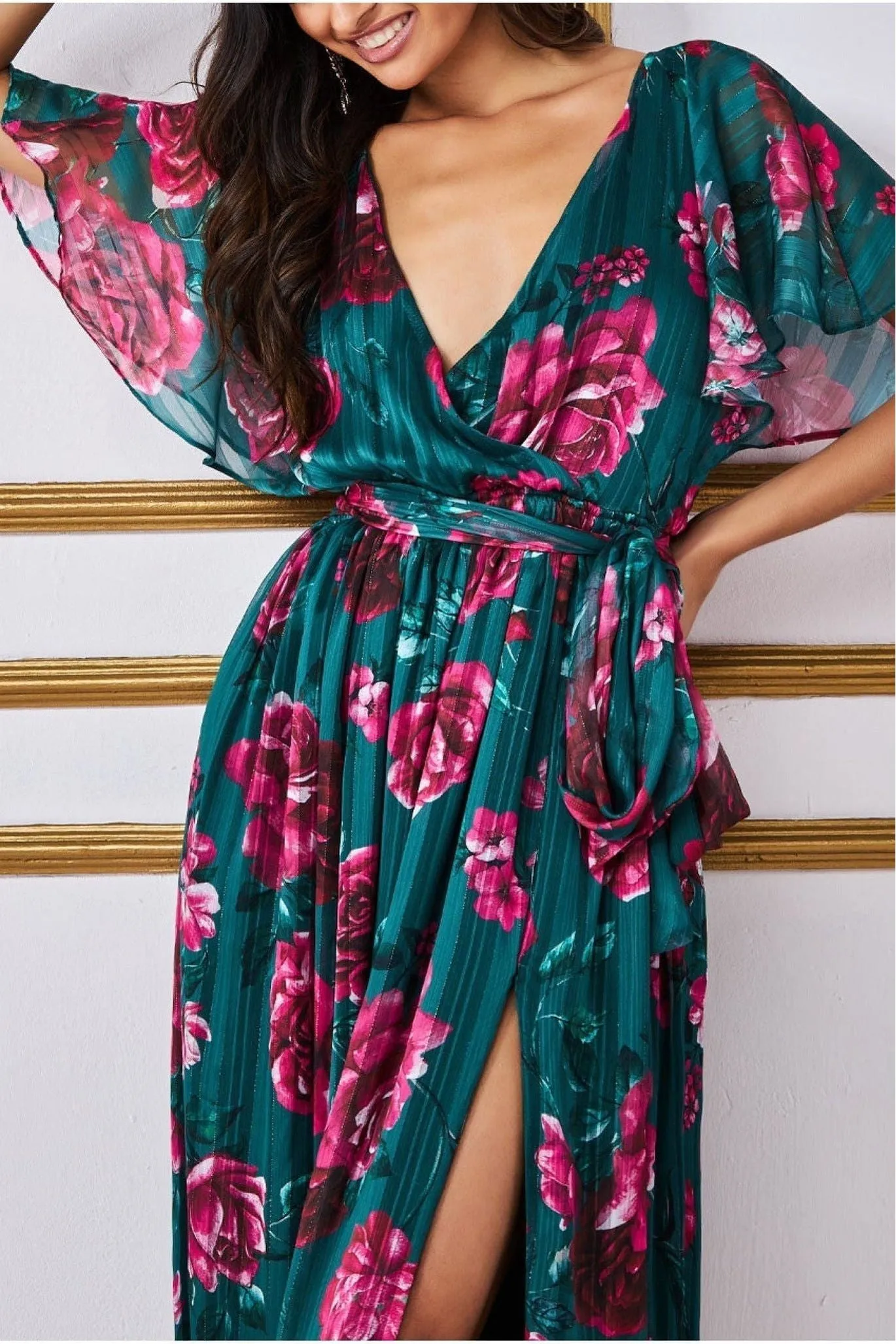 Goddiva Flutter Sleeve Floral Wrap Maxi - Emerald Green