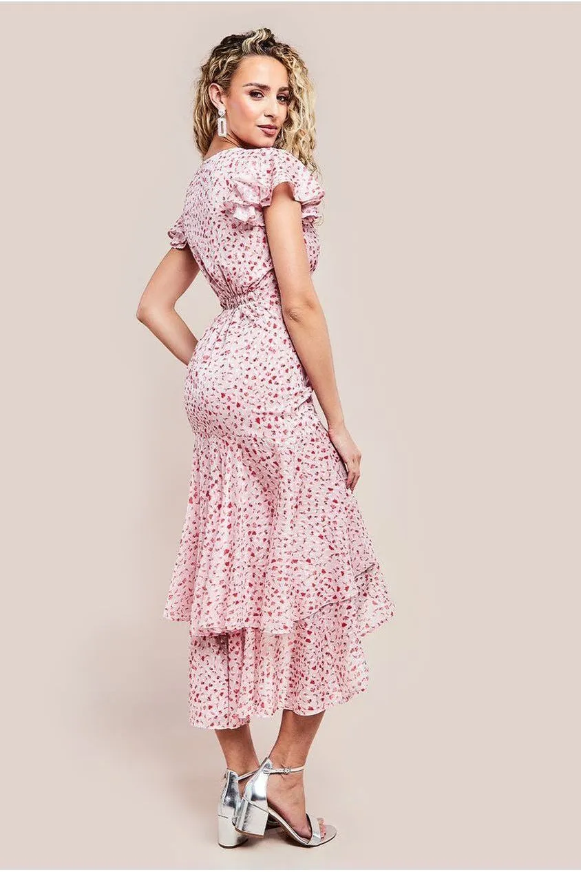 Goddiva Printed Wrap High And Low Midaxi Dress - Blush