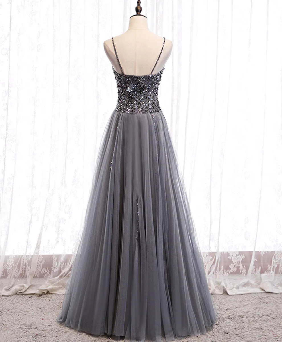 Gray Tulle Sequin Long Prom Dress, Gray Tulle Formal Dress with Beading Sequin