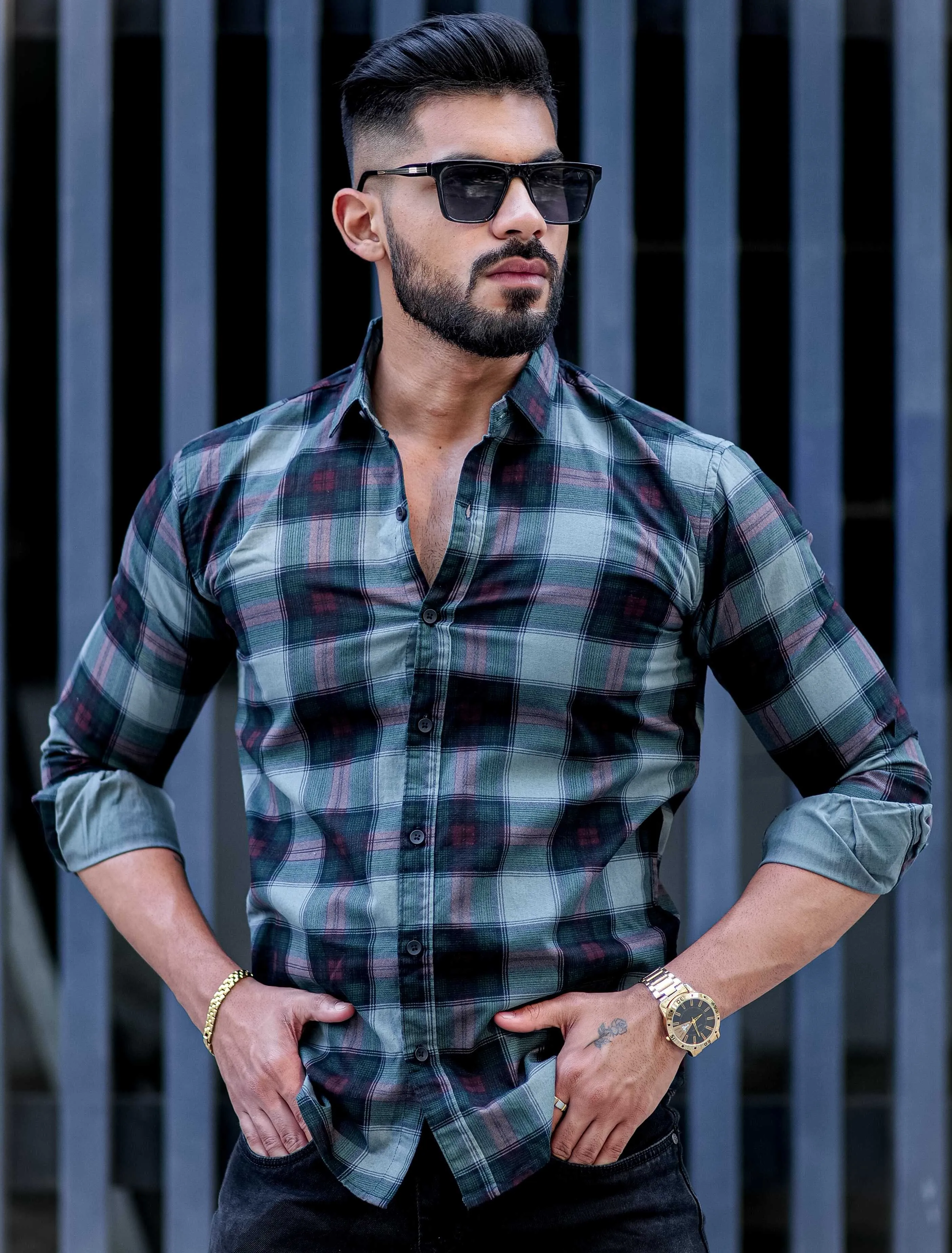 Green Check Printed Cotton Shirt For Men