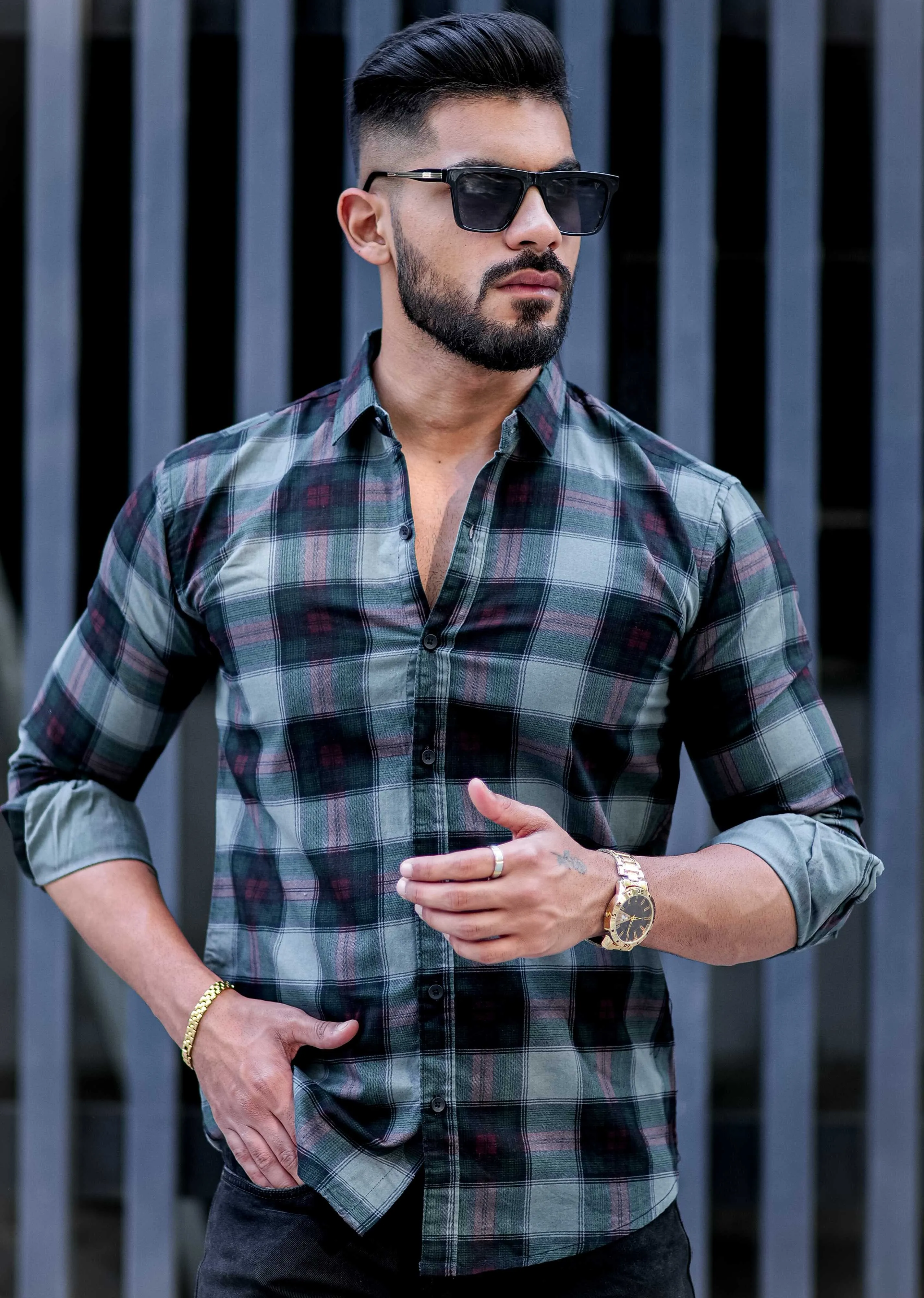 Green Check Printed Cotton Shirt For Men