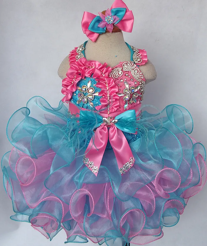 Halter Toddler/Little Miss Feather Glitz Cupcake Pageant Dress With Hair bow