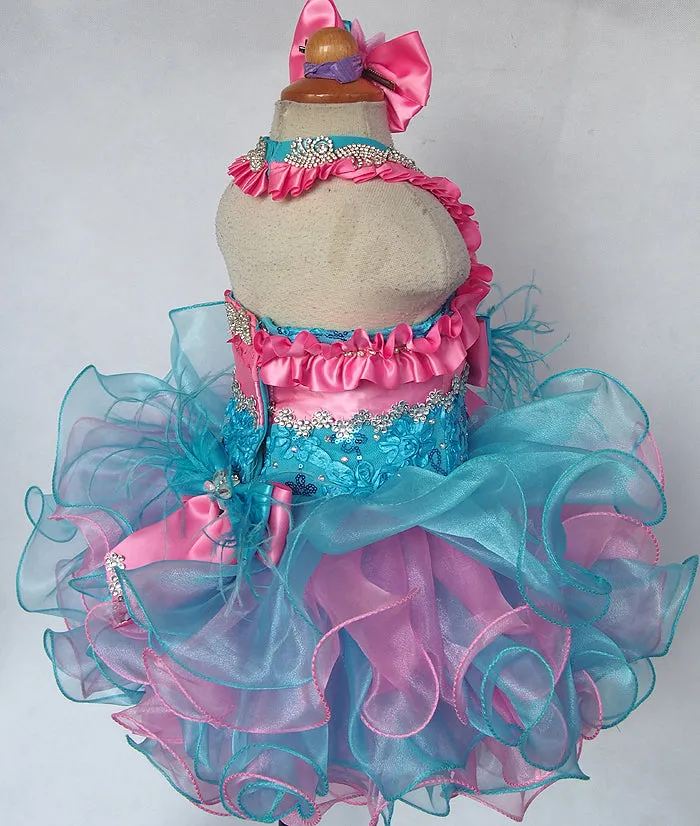 Halter Toddler/Little Miss Feather Glitz Cupcake Pageant Dress With Hair bow