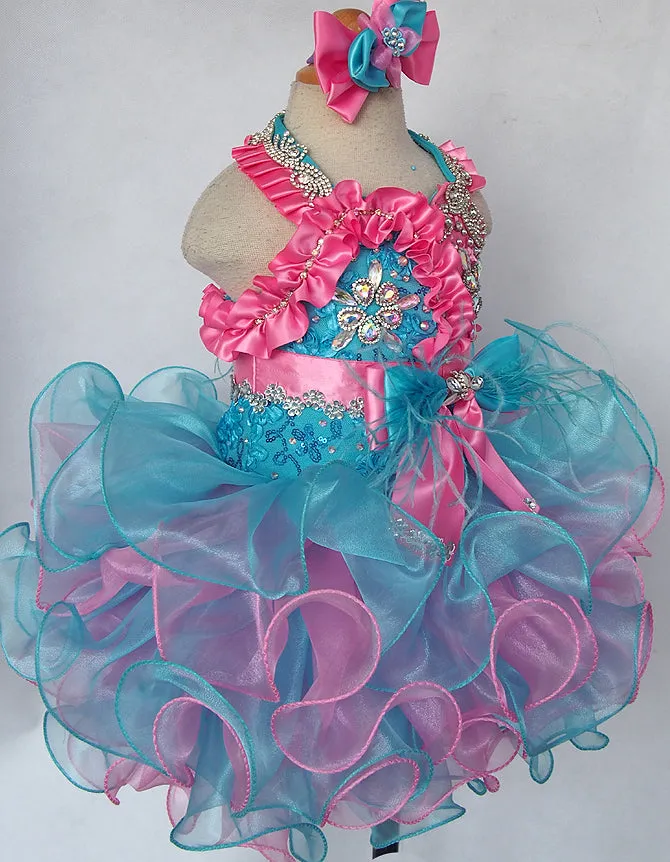 Halter Toddler/Little Miss Feather Glitz Cupcake Pageant Dress With Hair bow