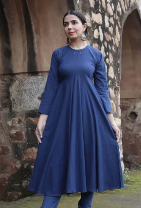 Hemal Indigo Cotton Solid Flared Kurta Dress