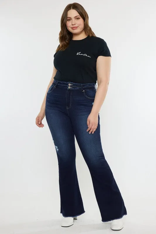 HI Curvy Plus Size Women High Rise Double WB Fray Hem Flare Jeans