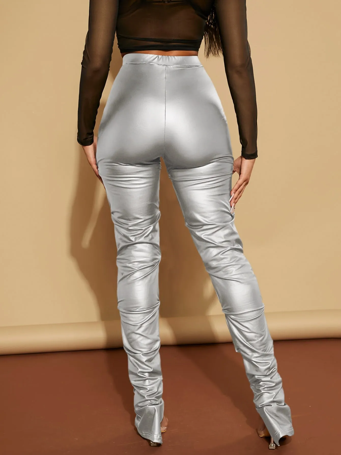 High Waist Rushed PU Leather Skinny Pants