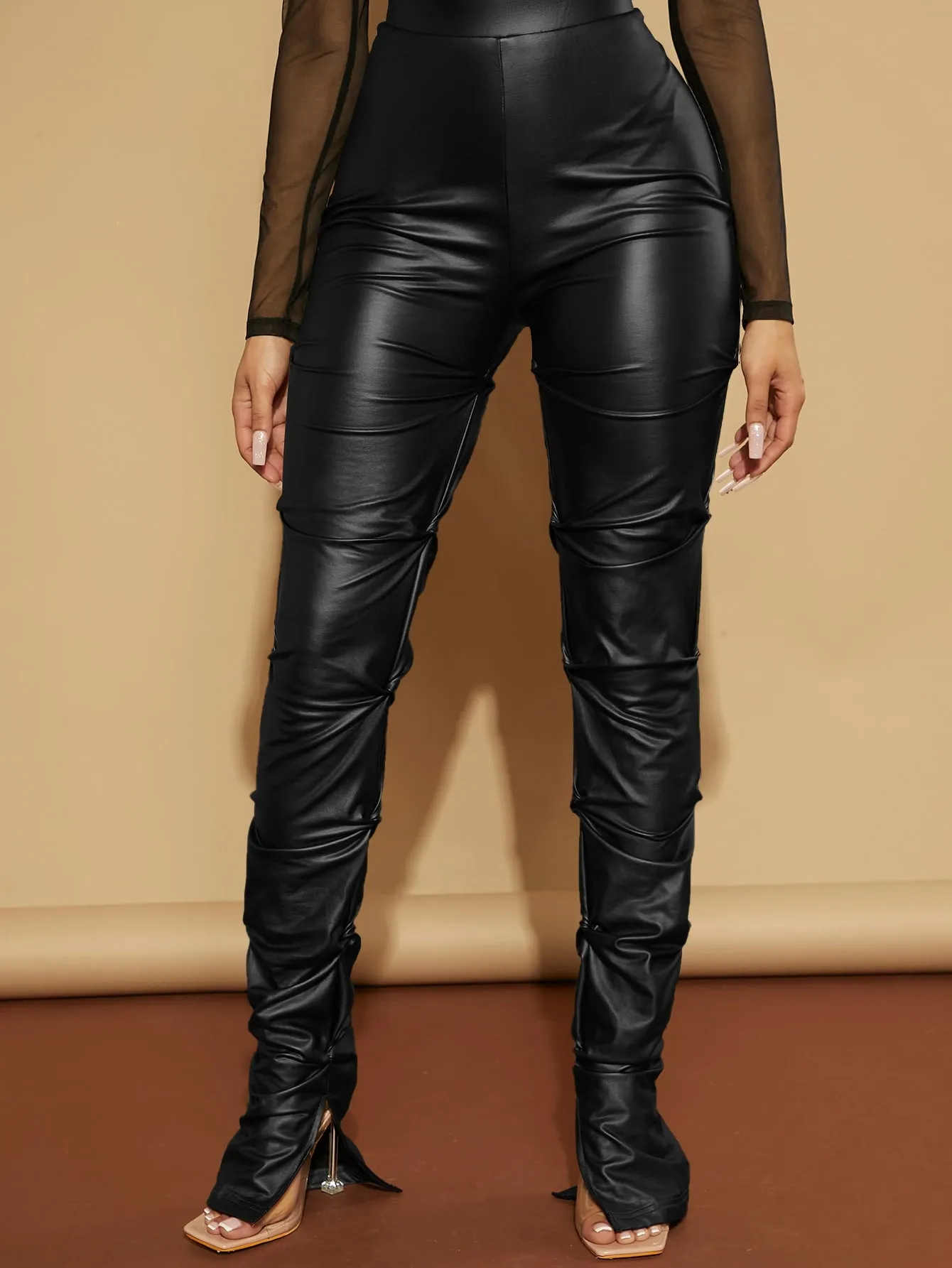 High Waist Rushed PU Leather Skinny Pants