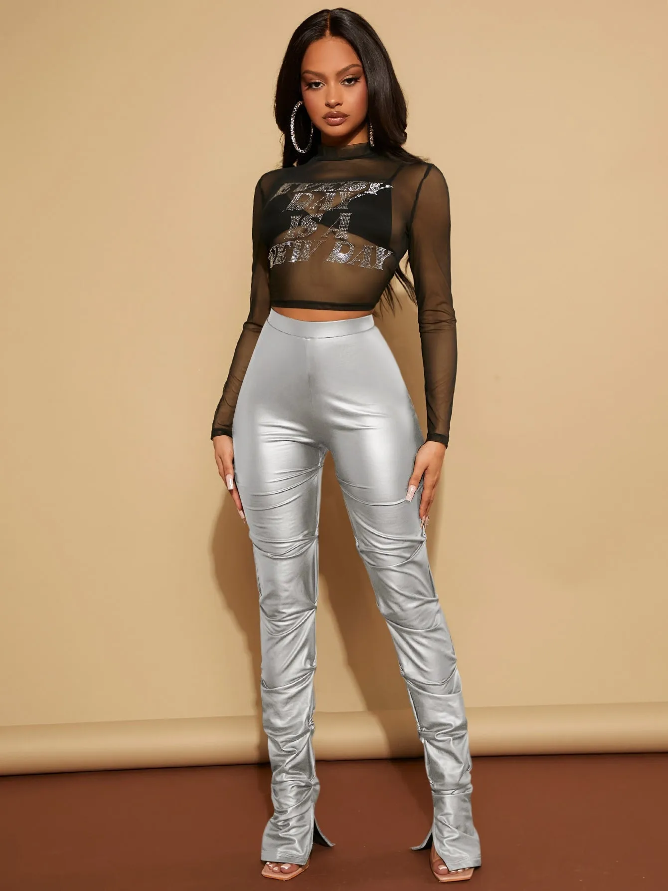 High Waist Rushed PU Leather Skinny Pants