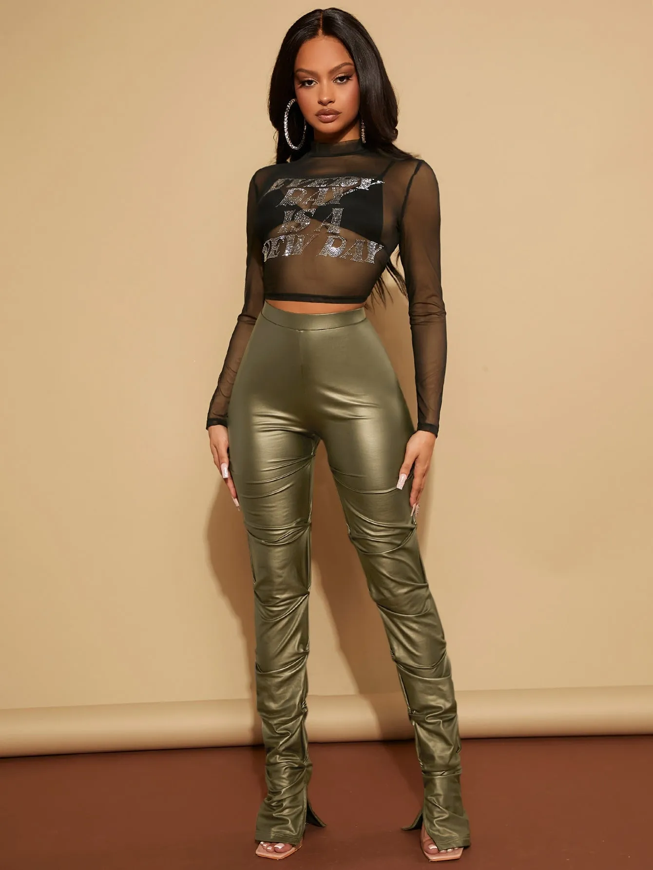 High Waist Rushed PU Leather Skinny Pants