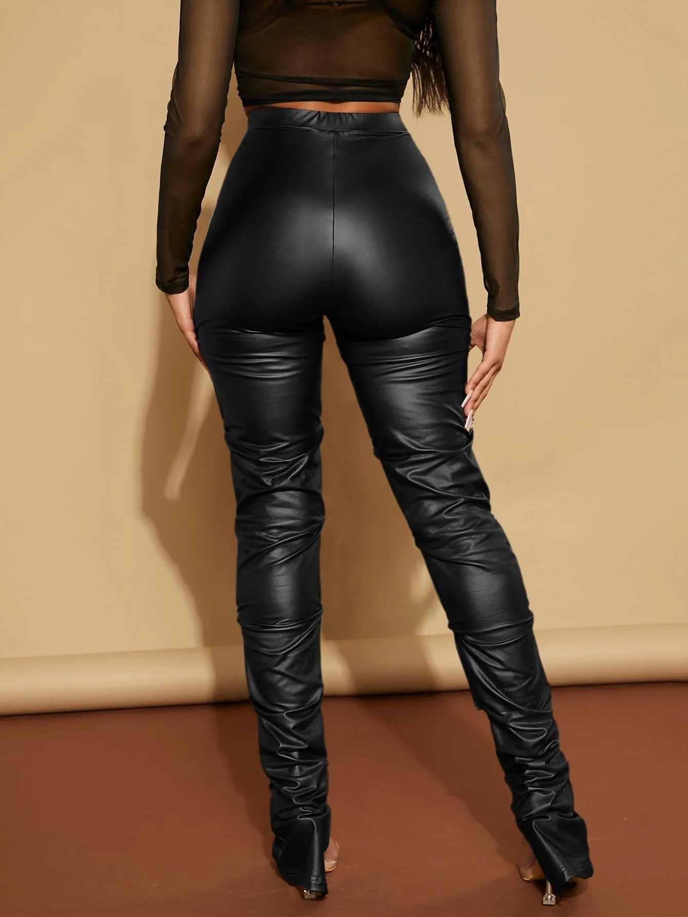 High Waist Rushed PU Leather Skinny Pants