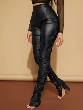 High Waist Rushed PU Leather Skinny Pants