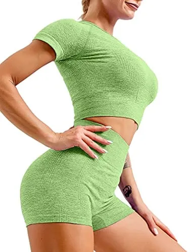 HYZ Women's High Waist Seamless Bodycon 2 Piece Outfits Yoga Workout Basic Crop Top with Shorts Green