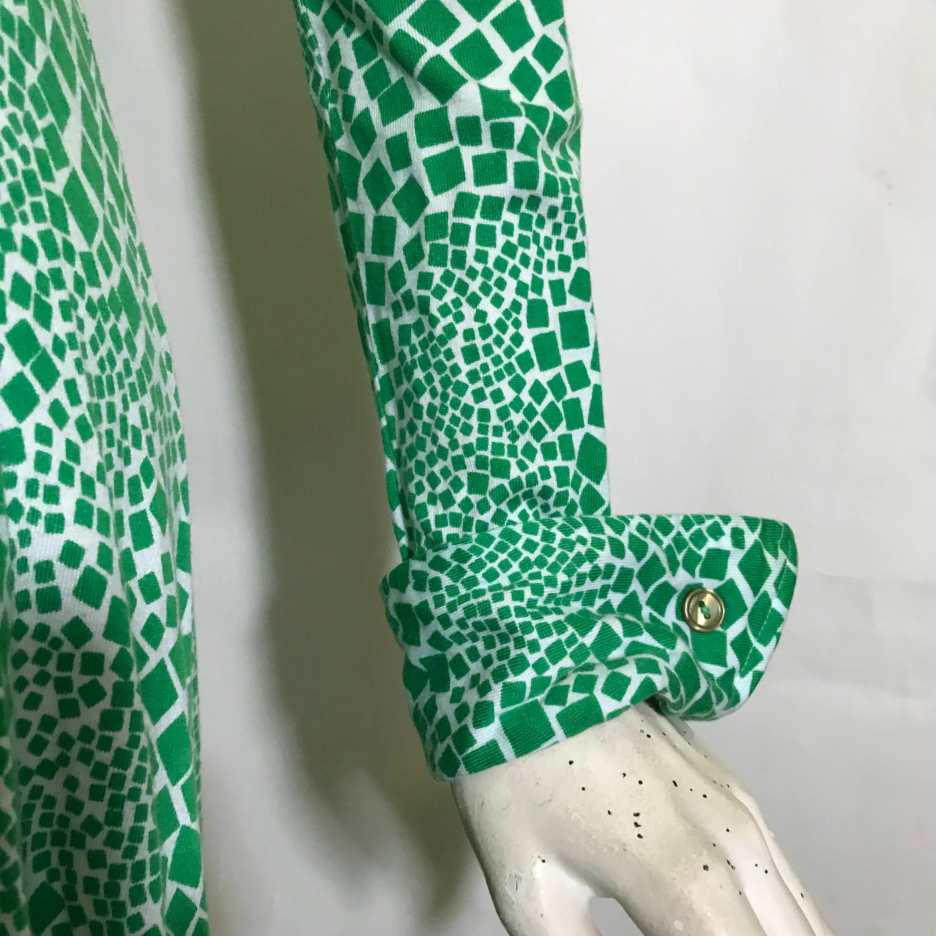 Iconic Green Abstract Mosaic Print Silk Jersey Wrap Dress circa 1970s DVF