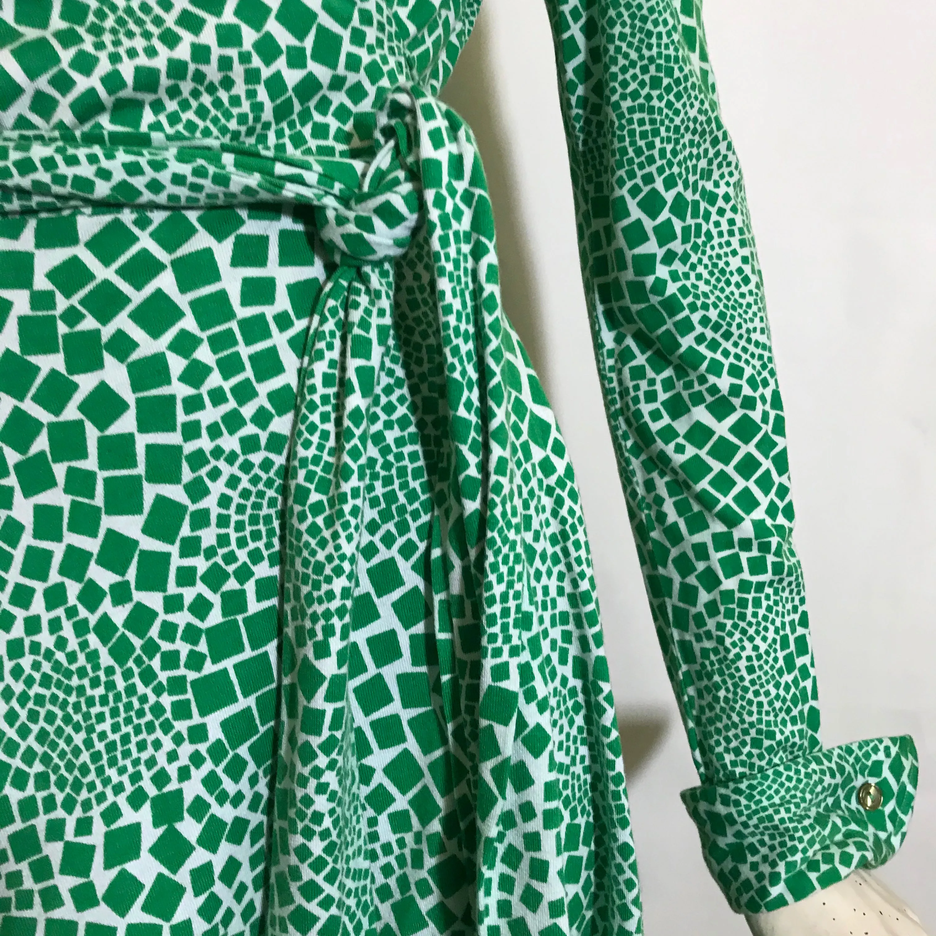 Iconic Green Abstract Mosaic Print Silk Jersey Wrap Dress circa 1970s DVF