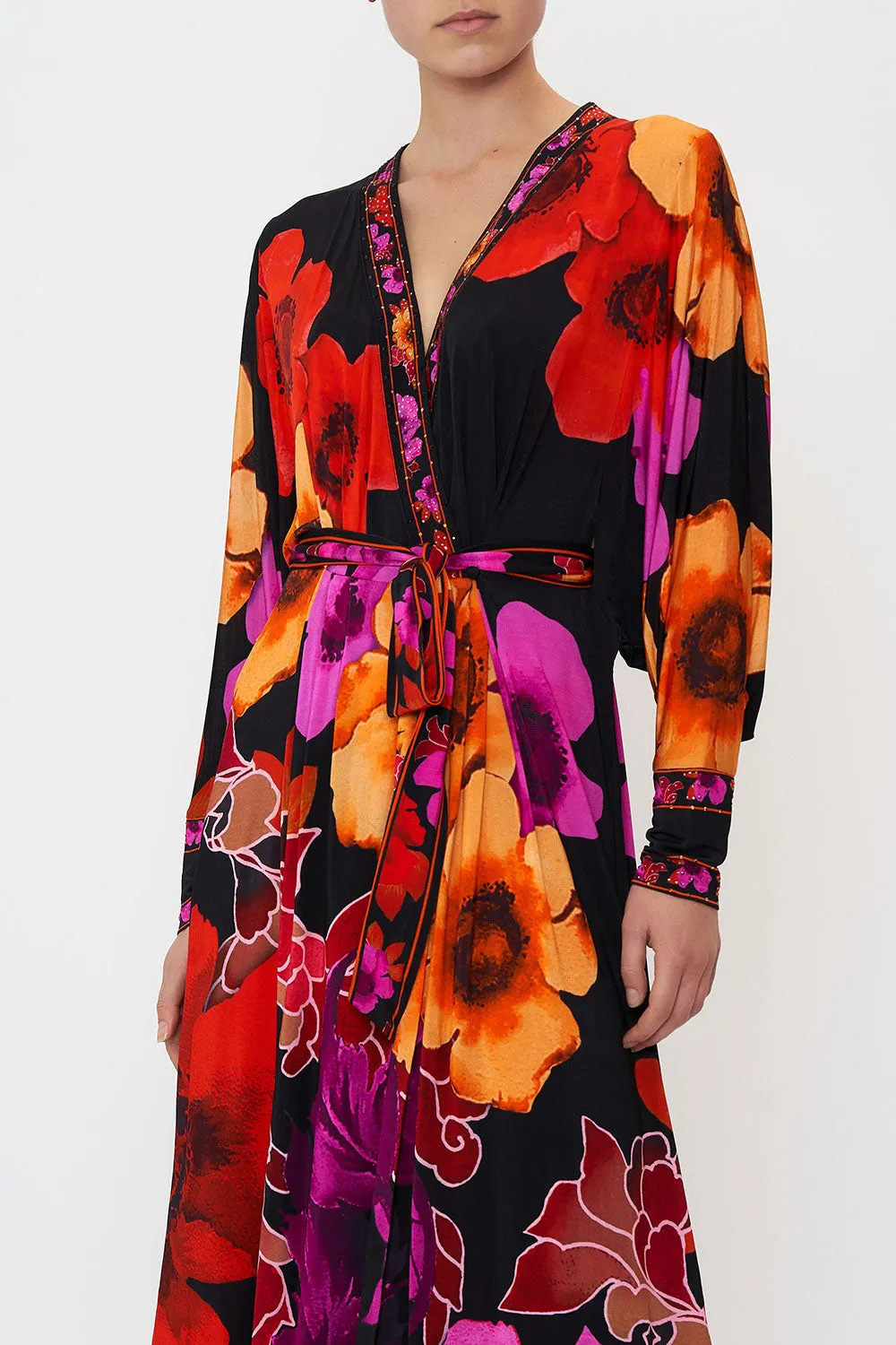 JERSEY WRAP DRESS WITH EXAGGERATED BLOUSON SLEEVE MIDNIGHT POPPY