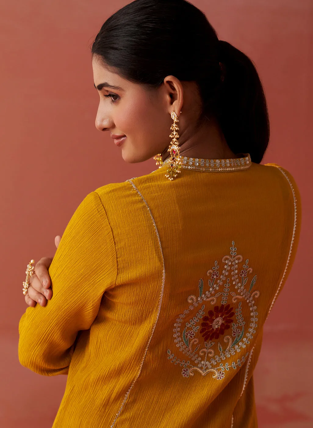 Karima Mustard Embroidered Viscose Kurta Set for Women