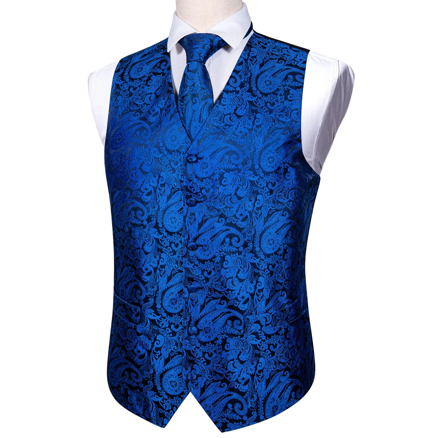 Klein Blue Paisley Jacquard Silk Men's Vest Hanky Cufflinks Tie Set